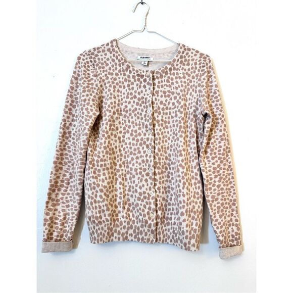 Old Navy Animal Print Button Front Cotton Blend Stretch Cardigan Sweater Tan Siz - Picture 1 of 4